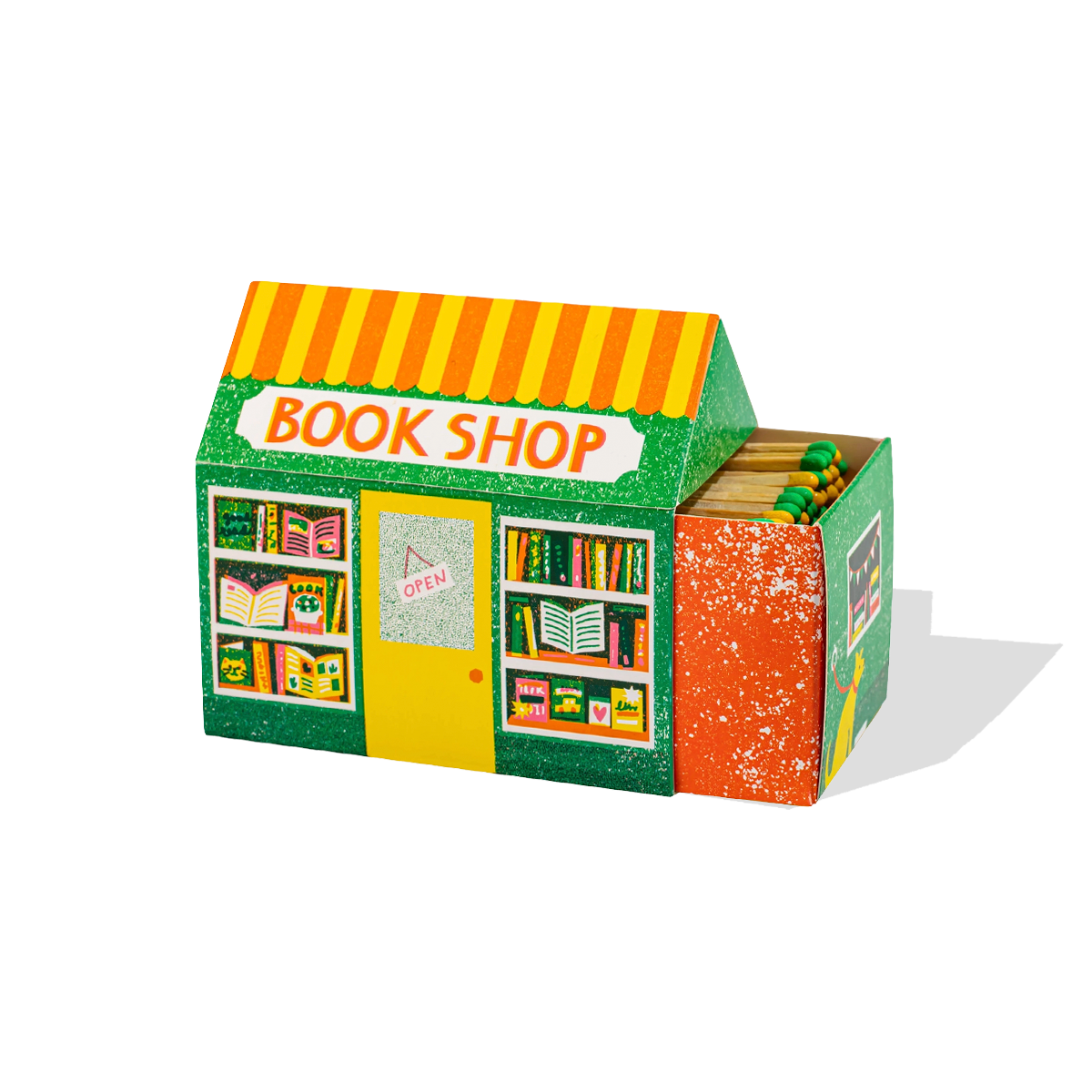Colorful toy bookshop with books and a striped roof on a white background