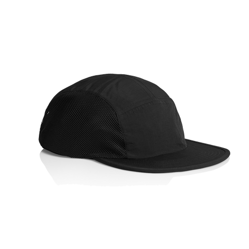 Black five-panel cap on a white background