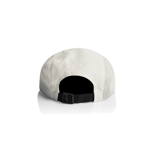 White cap with black buckle on a white background