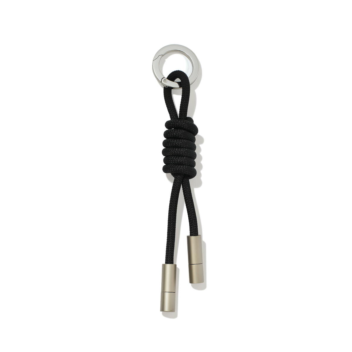 Black rope keychain with silver metal ends on a white background