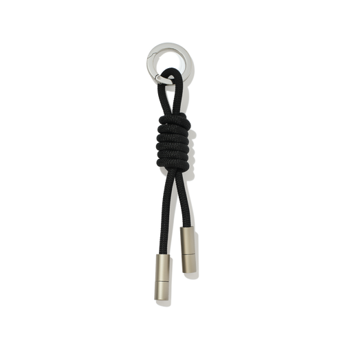 Black rope keychain with silver metal ends on a white background