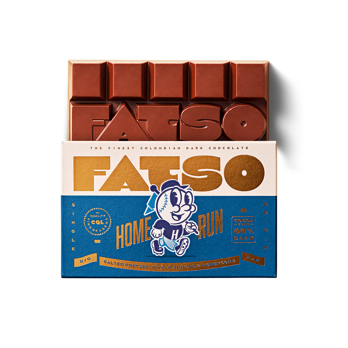 Chocolate bar with 'FATSO' branding on a white background