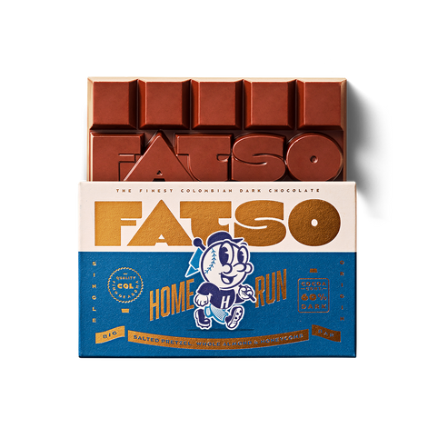 Chocolate bar with 'FATSO' branding on a white background