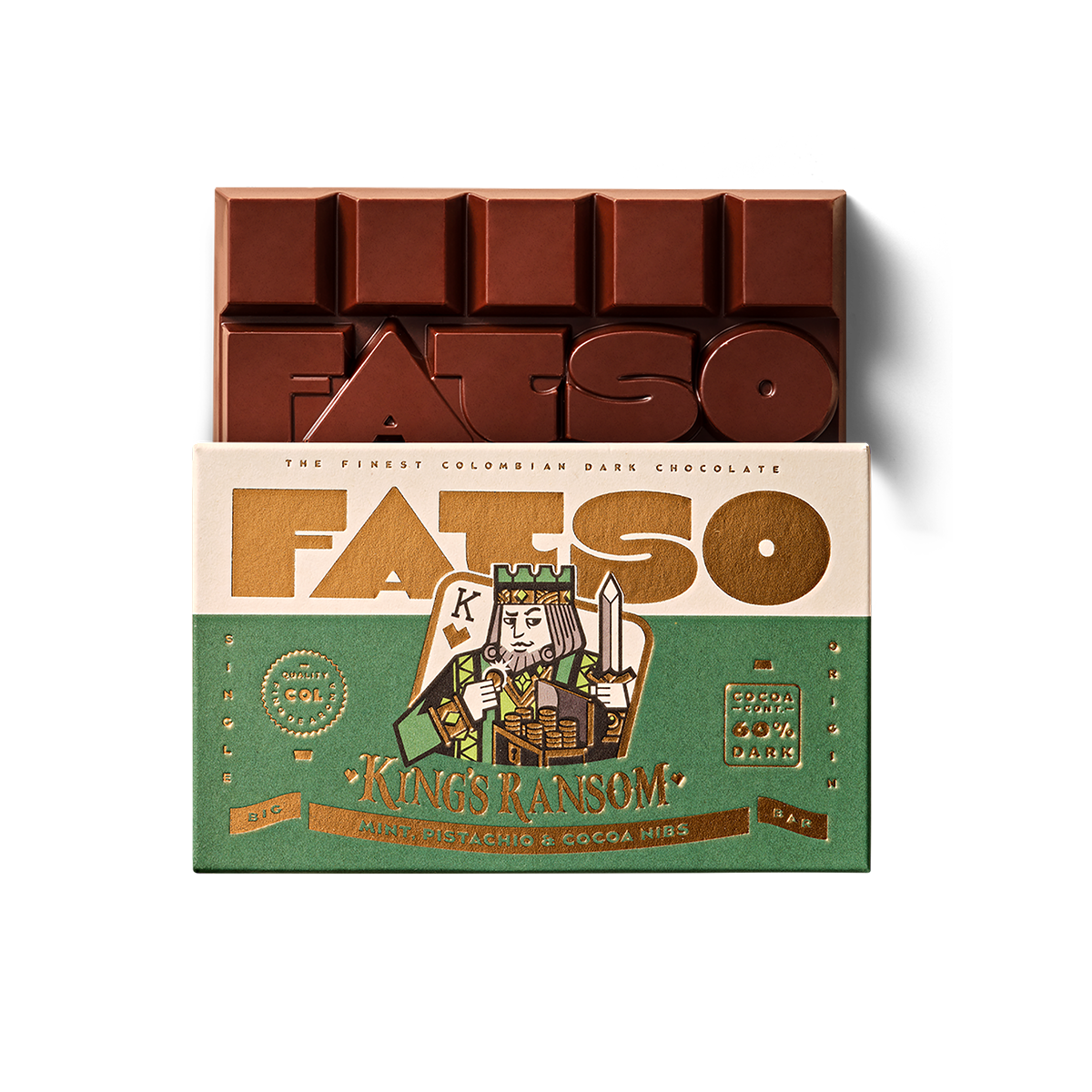 Fatoso chocolate bar packaging with branding and product details on a white background