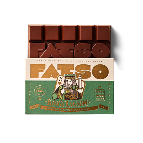 Fatoso chocolate bar packaging with branding and product details on a white background