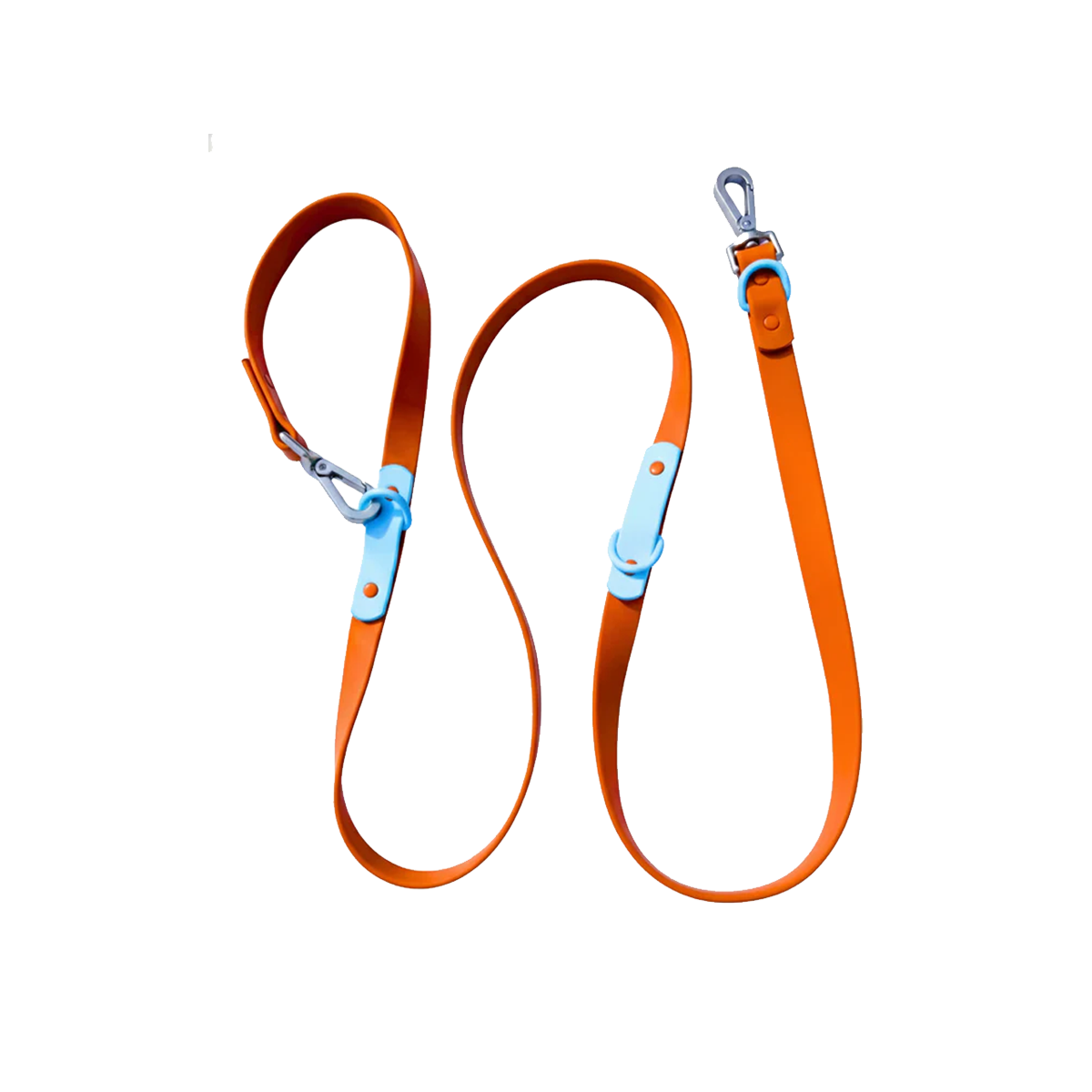 Orange dog leash with blue clips on a white background