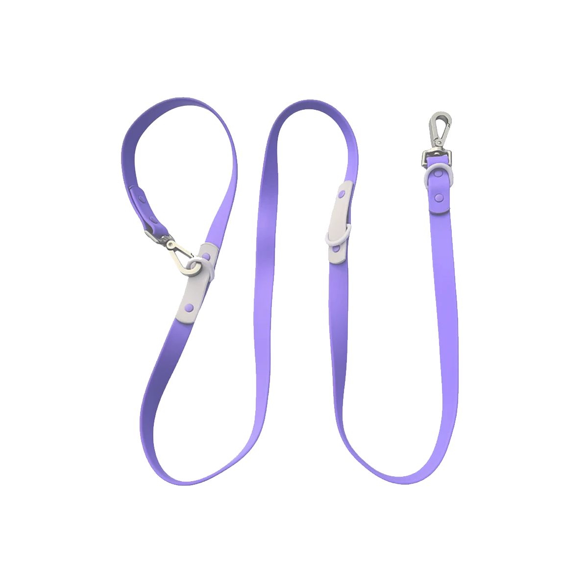 Purple dog leash with silver clips on a white background