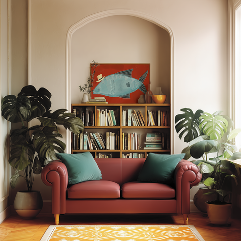 Living room with a red sofa, bookshelf, and decorative fish painting.