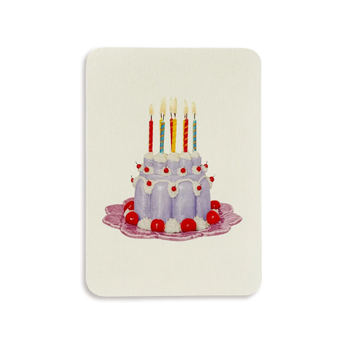 Card with a birthday cake illustration featuring candles on a white background