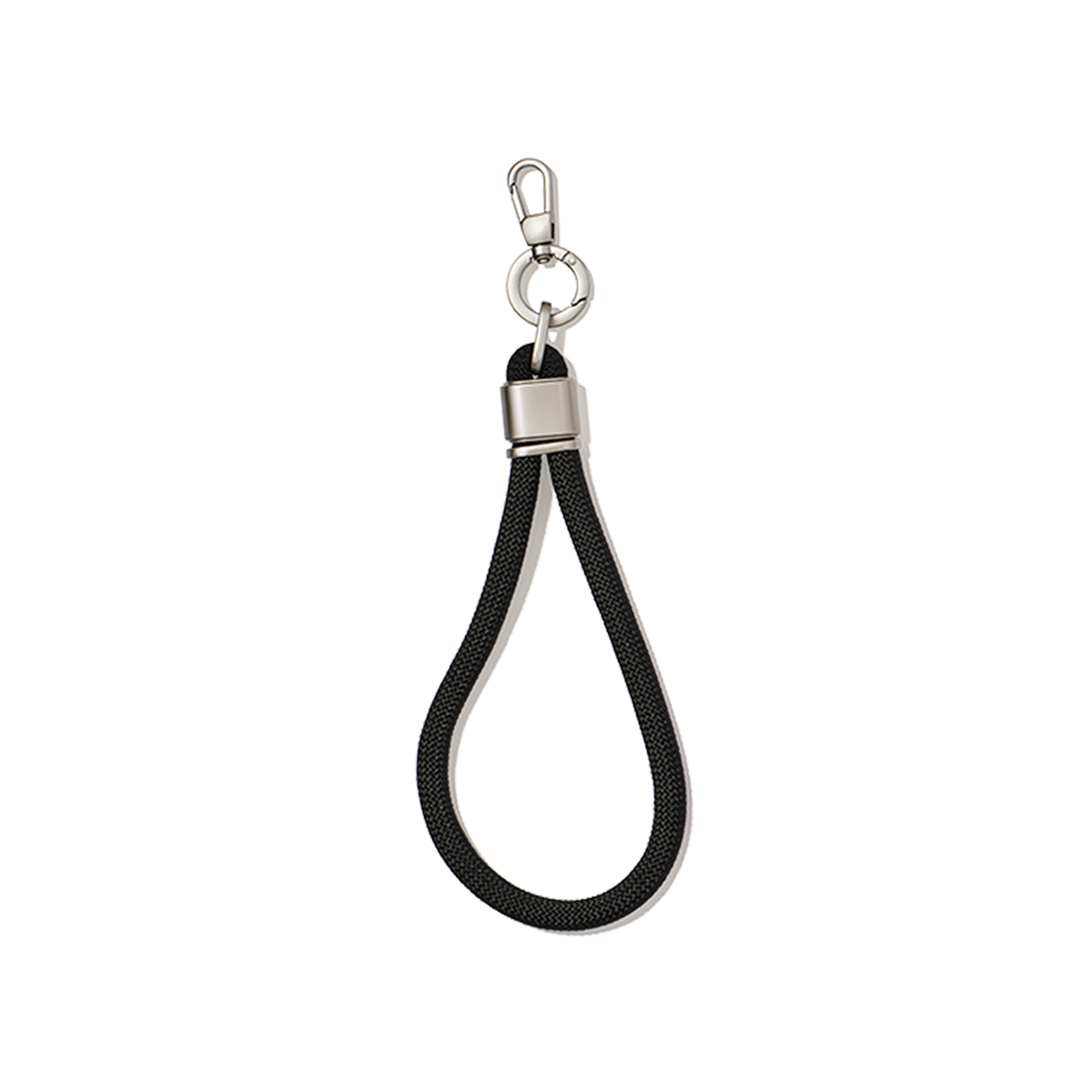 Black keychain with metal clasp on a white background
