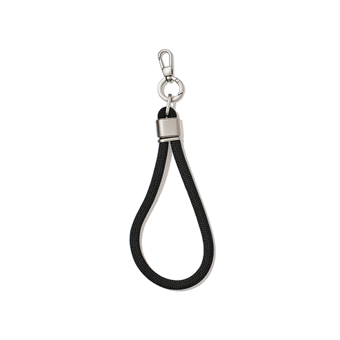 Black keychain with metal clasp on a white background