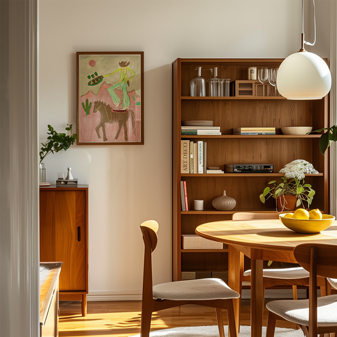 Dining room with wooden furniture, bookshelf, and wall art.