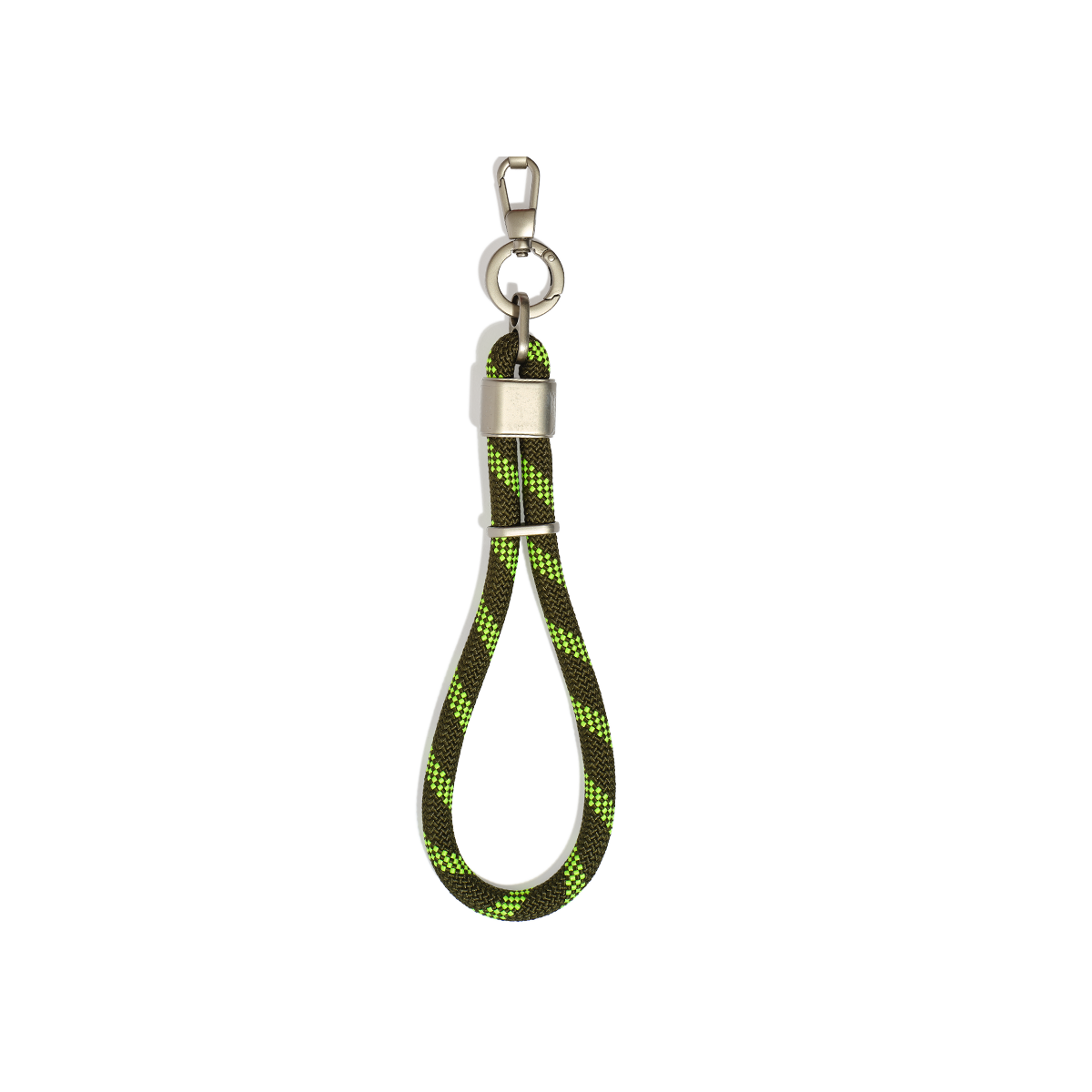Keychain with green and black braided rope on a white background