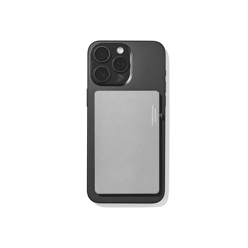 Phone case with a gray back and black border on a white background