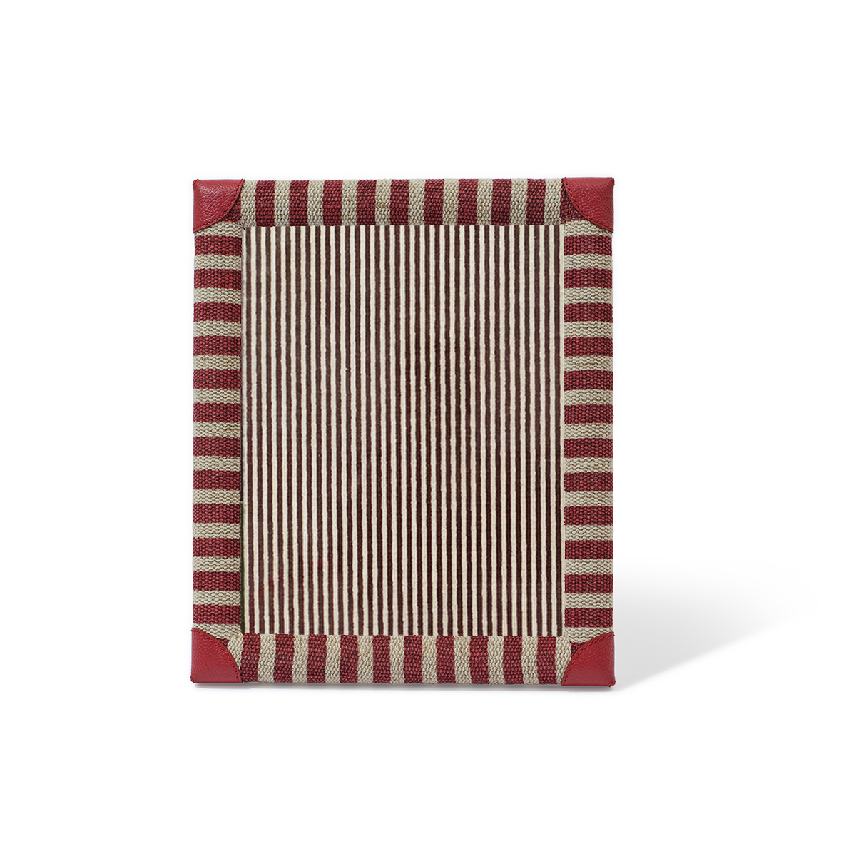 Rectangular placemat with red and beige striped border on a white background