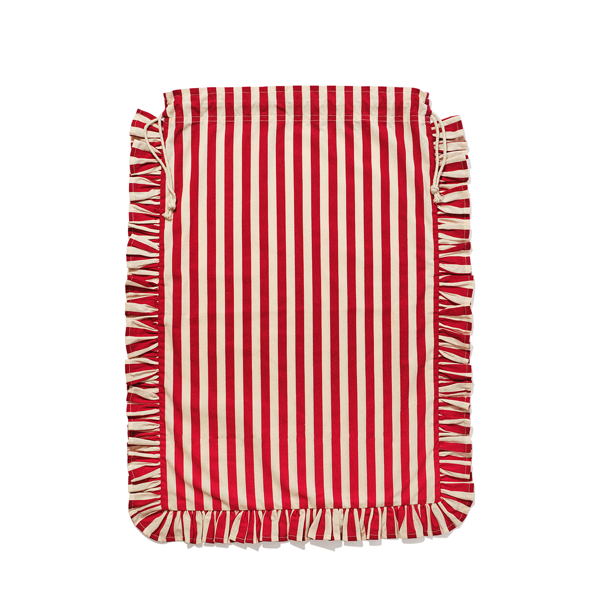 Red and white striped pet blanket with ruffled edges on a white background
