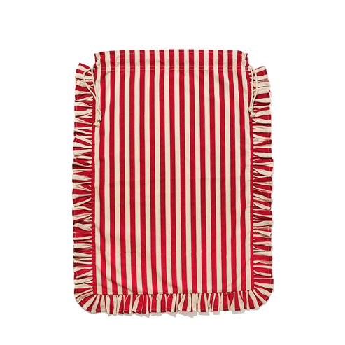 Red and white striped pet blanket with ruffled edges on a white background