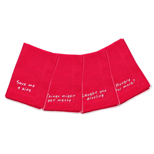 Red pet bed with humorous text on a white background